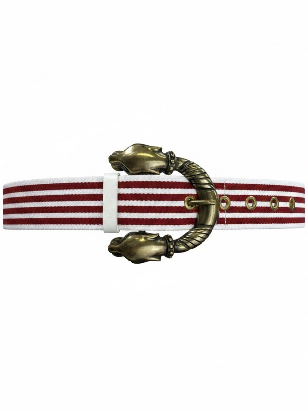 Brass Jaguar Head Buckle Red White Stripe Statement Belt Womens
